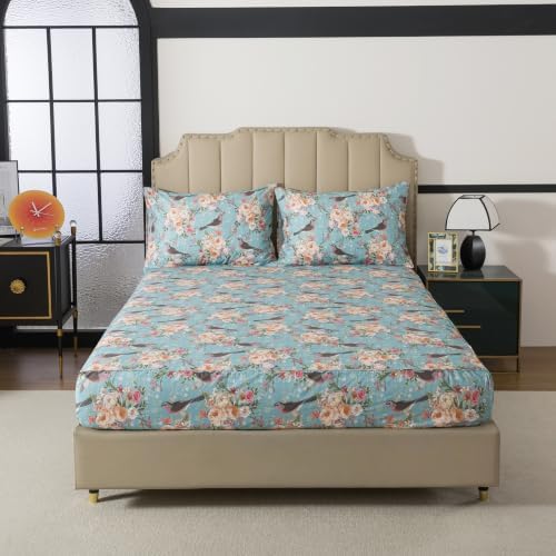 FADFAY 100% Cotton King Size Sheet Set, Floral Bird Bed Sheets 4Pcs, Green