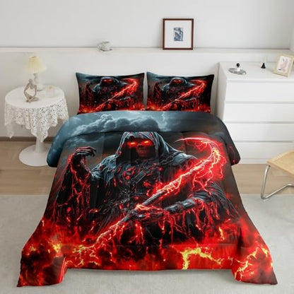 Human Skeleton Kids Comforter Set Full Size,Fire Skull Dark Clouds Gothic Western Bedding Set,Girls Boys Room Decor,Happy Halloween Trippy Quilt Comforter,Vintage Chic Duvet Insert,2 Pillowcases