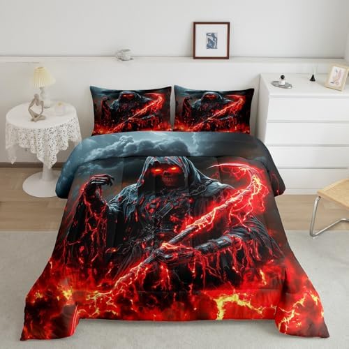 Human Skeleton Kids Comforter Set King Size,Fire Skull Dark Clouds Gothic Western Bedding Set,Girls Boys Room Decor,Happy Halloween Trippy Quilt Comforter,Vintage Chic Duvet Insert,2 Pillowcases