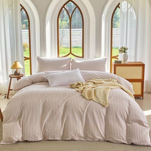 Striped Duvet Cover Set Queen Size 100% Washed Cotton Linen Feel 3 Piece Bedding Set Comfy Breathable (Queen, Classic Stripe-Greyish Pink/White)