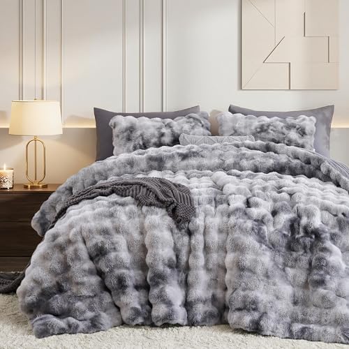 Smoofy Fluffy Faux Rabbit Fur Bubble Comforter Twin Size - Tie Dye Grey