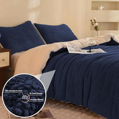 LLanCL 3D Jacquard Design Comforter Set, Ultra-Soft Warm Twin Size Sherpa Fur Plush 2-Pieces Sets Luxury Cozy Bedding with 1 Pillowcase (68"x90", Navy Blue)