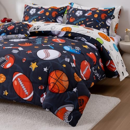 A Nice Night Rugby Basketball Bedding 6pc Full Boys Comforter Sets,Gray