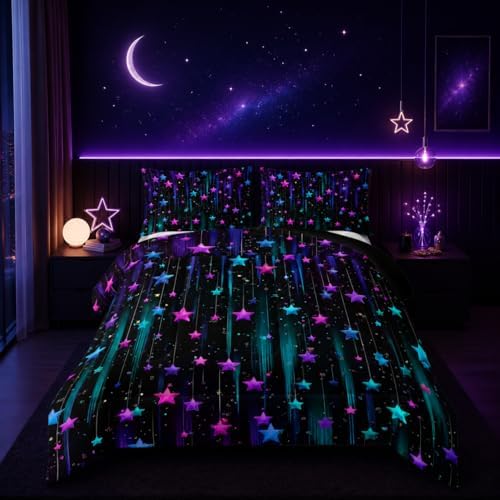 Nttopship Colorful Stars Comforter Set Full Size,Galaxy Starry Printed Bedding Set for Men Women Adults,Colorful Stars Room Decor with Soft and Lightweight Comforter and 2 Pillowcases