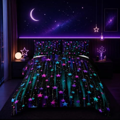 Nttopship Colorful Stars Comforter Set Full Size,Galaxy Starry Printed Bedding Set for Men Women Adults,Colorful Stars Room Decor with Soft and Lightweight Comforter and 2 Pillowcases