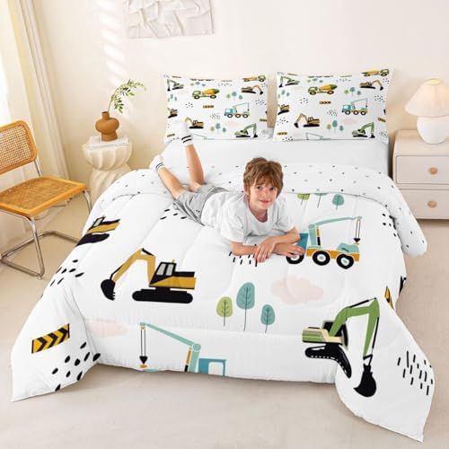 Feelyou Excavator Kids Comforter Construction Trucks Comforter Set for Boys Teens Heavy Vehicles Decor Bedding Set Cartoon Cars Green Orange Quilt with 2 Pillowcases 3Pcs Bedding Full Boys