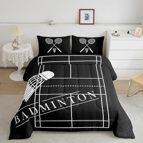 Erosebridal Kids Badminton Bedding King White Badminton Print Comforter Set for Kids Boys Girls, Black Duvet Insert Sport Down Comforter, Badminton Court Bedding Comforter Sets (Reversible Black)