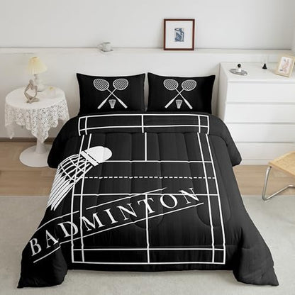Erosebridal Kids Badminton Bedding Set Twin White Badminton Print Comforter Set for Kids Boys Girls, Black Duvet Insert Sport Quilt Comforter, Badminton Court Quilted Comforter (Reversible Black)