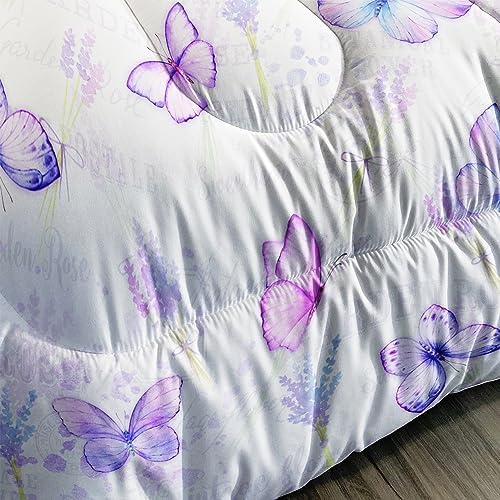 Butterfly Comforter Set Queen Size for Girls Kids Adults Lavender Flowers Pattern Bedding Set Aesthetics Butterflies Quilt Bed Set with 1 Comforter and 2 Pillowcases