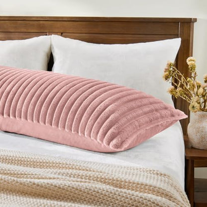 BEDELITE Fluffy Striped Body Pillow Cover with Zipper, Dusty Pink, 20x54