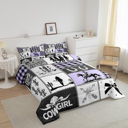 Western Cowgirl Bow Comforter Set King Size,Cactus Horseshoes Cowgirl Boot Bedding Set,Girls Women Room Decor,Cow Skull Geometric Plaids Patchwork Down Comforter,Rustic Duvet Insert,2 Pillowcases