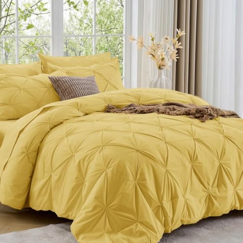 Sasttie Full Size Comforter Set, 7-Piece Bed in a Bag Double, Pintuck Bedding Set for All Season, Includes Comforter, Flat Sheet, Fitted Sheet, Pillowcases and Pillowshams, Mustard Yellow