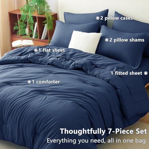 CozyLux California King Comforter Set Navy Blue, 7 Pieces Cal King Bed in a Bag King Comforter Set with Sheets, Bedding Set with Down Alternative Comforter, Sheets, Pillowcases & Shams, Soft Bed Set