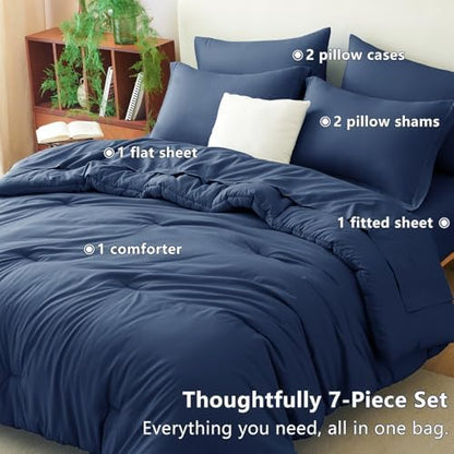 CozyLux California King Comforter Set Navy Blue, 7 Pieces Cal King Bed in a Bag King Comforter Set with Sheets, Bedding Set with Down Alternative Comforter, Sheets, Pillowcases & Shams, Soft Bed Set