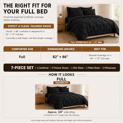 HIMEET Full Size Comforter Set Black - 7 Pieces Pintuck Bed in a Bag