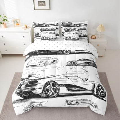 Feelyou Black White Race Car King Comforter Set with Sheets for Kids Boys Girls Extreme Sports 7 Pieces Bedding Set Speed Sports Car Bed in a Bag Room Decor Soft Lightweight Microfiber