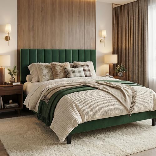 Garvee Queen Size Platform Bed Frame with Upholstered Headboard, Dark Green
