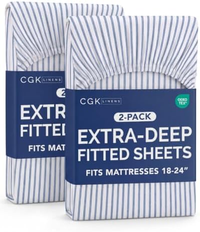 CGK Linens 2 Pack Extra Deep Queen Fitted Sheets - Blue Stripes