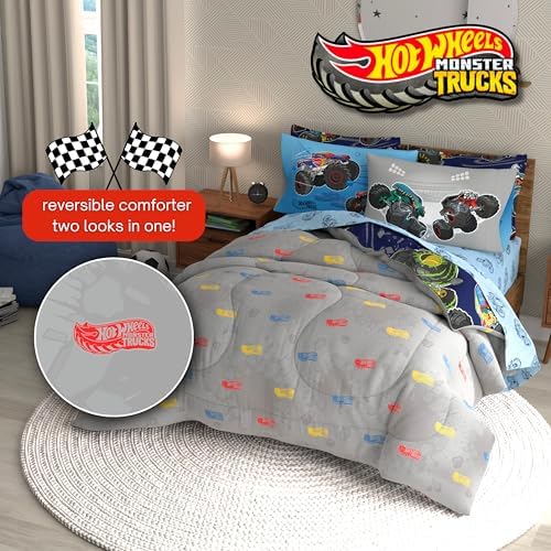Monster Trucks x Hot Wheels Bedding Set, Full Size 7 Piece Set Kids Super Soft Cozy Reversible Comforter and Sheet Set with Sham, (100% Officially Licensed Product) by Franco