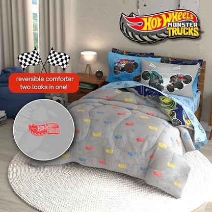 Monster Trucks x Hot Wheels Bedding Set, Full Size 7 Piece Set Kids Super Soft Cozy Reversible Comforter and Sheet Set with Sham, (100% Officially Licensed Product) by Franco
