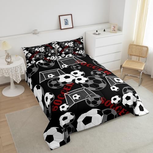 Castle Fairy Soccer Ball Games Bedding Set Twin Size Football Gate Print Comforter Set for Kids Teens Boys Room Decor Modern Sports Gaming Down Comforter Geometric Circle Quilt Set with 1 Pillowcase
