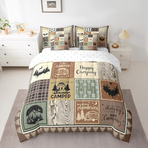 Erosebridal 7 Piece Rv Camper Full Bedding Set for Kids Adult,Woodland Camping Comforter Set Rustic Cabin Decor,Buffalo Plaid Bed in a Bag with Sheets,Travel Trailer Bed Set with Pillowcases