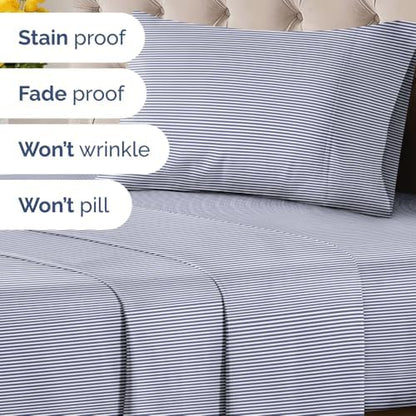 Twin XL 3 Piece Striped Sheet Set - Soft, Breathable & Cooling - Navy Ombre