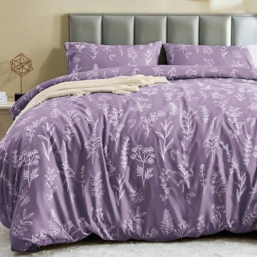 MUXHOMO Duvet Cover Twin/Twin XL Size Set, Reversible Floral Grayish Purple Duvet Cover with Zipper Closure, 2 Pieces Botanical Patterns Soft Bedding Set with 4 Ties (68"x90", 1 Pillow Case)