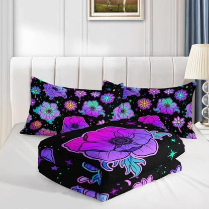 Axolotl Neon Floral Bedding Set King,Gradient Floral Comforter Set for Girls,Colorful Flower Bedding Stars,Galaxy Series Comforter for Kids Boys Girls Teens Adults,1 Quilt 2 Pillowcases,Black