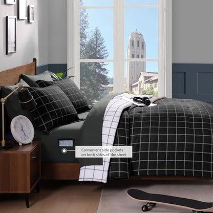Plaid Twin XL Comforter Set Black 5 Pieces Bed in a Bag for College Dorm
