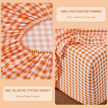Gingham Twin Sheet Set, Lightweight Super Soft Brushed Microfiber Plaid Fall Bed Sheets with 16" Deep Pocket, 3 Piece Ruffle Farmhouse Bedroom Decor, Orange