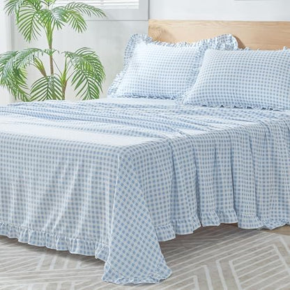 Gingham Queen Sheet Set, Lightweight Super Soft Brushed Microfiber Plaid Bed Sheets with 16" Deep Pocket, 4 Piece Ruffle Farmhouse Bedroom Decor, Light Blue