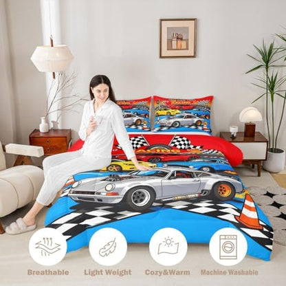 Feelyou Boys Race Car Kids Comforter Set Full Size Speed Sports Car Bedding Set Racing Extreme Sports Duvet Quilt for Kids Boys Girls Bedroom Automobile Decor Microfiber Ultra Soft Breathable