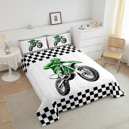 Feelyou Dirt Bike Bedding Set Kids Boys Girls King Size Racing Motocross Rider Comforter Set Teen Adult Ultra Soft Extreme Sports Comforter Motorcycle Racer Duvet Quilt Black and White Check Quilt