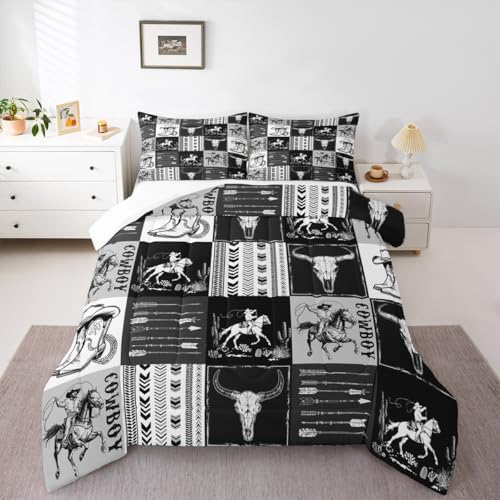 Manfei Western Cowboy Comforter Set Twin Size, Bull Skull Horse Arrow Print Bedding Set 2pcs for Kids Boys Teens Bedroom Decor, Geometric Grid Black Plaid Print Quilt Set with 1 Pillowcase