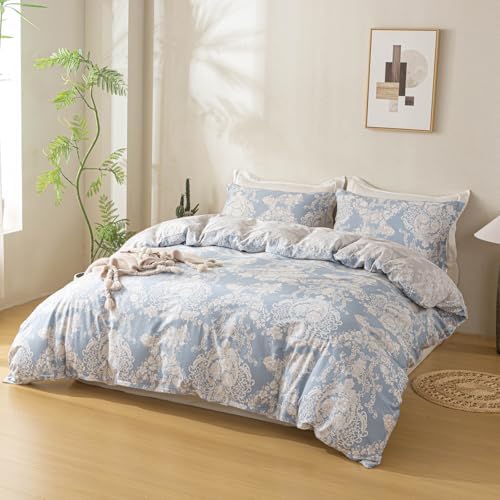 OAITE Full Duvet Cover Set 3pcs 100% Cotton Blue Damask Vintage Floral