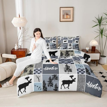 Deer Antler Comforter Set Twin Size,Bear Rustic Farmhouse Adventure Bedding Set for Kids Boys Girls Adults Room Decor,Pine Trees Plaid Patchwork Down Comforter,Blue Xmas Duvet Insert,1 Pillowcase