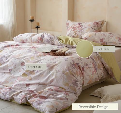 Floral Comforter Queen Size - 100% Long Staple Cotton Gradient Reversible Comforter Set 3pcs, Breathable and Hypoallergenic Bedding Set