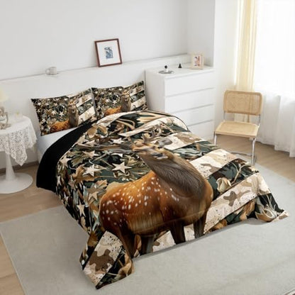 Feelyou Rustic Farmhouse Bedding Comforter Sets Toddler Size, Hunting Deer Down Comforter, Western Farmhouse Comforter Set, Wild Animal Duvet Insert, Camo American Flag Quilt
