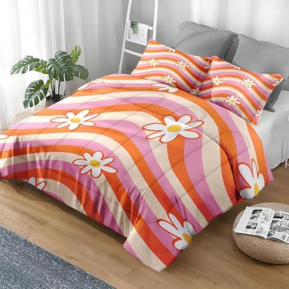 Pamnest Comforter Set Queen Size, Daisy Retro Orange Soft 3 Pcs Bedding for Kids and Adults, Pink Hippie Aesthetic Comforter Set with 2 Pillowcases, for Bedroom Bed Decor