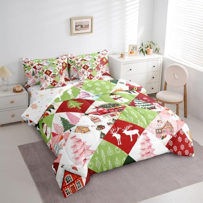 Erosebridal Xmas Patchwork 7 Piece Bedding Set Twin Kawaii Cartoon Comforter Set with Sheets Cute Christmas Deer Snowman Truck Bed in a Bag Pink Green Tree Snowflakes Bed Sets Comforter