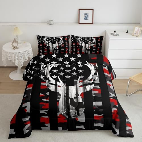 Camo American Flag King Size Comforter Sets for Kids,Deer Antlers Red Camouflage Bedding Flags for Room Teens,Wild Animal Hunting Farm Branches Leaves Stars Stripes USA Flag Down Comforter