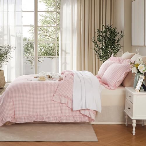 Cupocupa Gingham Ruffle Comforter Set King - 3 Piece Pink Checkered Bedding Set - Aesthetic Cottagecore Ruffled Farmhouse Comforter with 2 Pillow Shams - Soft, Lightweight All Season Bedding