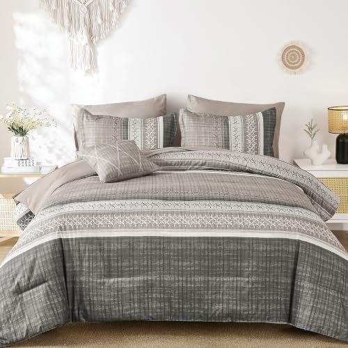 Dintszyayue Taupe Queen Comforter Size Set, 8 Pieces Striped Texture Bed in a Bag Bedding Sets, Lightweight Soft Comforter and Sheet Set, All Season Microfiber Teen Boys Bedding Sets for Men Women