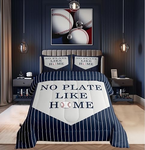 Castle Fairy Boys Baseball Comforter Set Sports Theme Bedding Set for Kids Teens Adults Navy Stripes Comforter Sports Baseball Quilted Duvet Set Bedroom Collection Twin Size 2Pcs