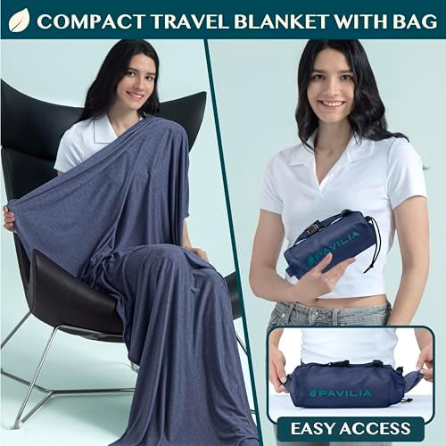 PAVILIA Travel Blanket Airplane Compact with Bag Lightweight, Navy Blue