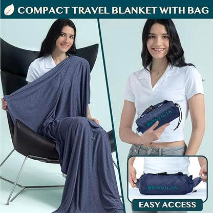 PAVILIA Travel Blanket Airplane Compact with Bag Lightweight, Navy Blue