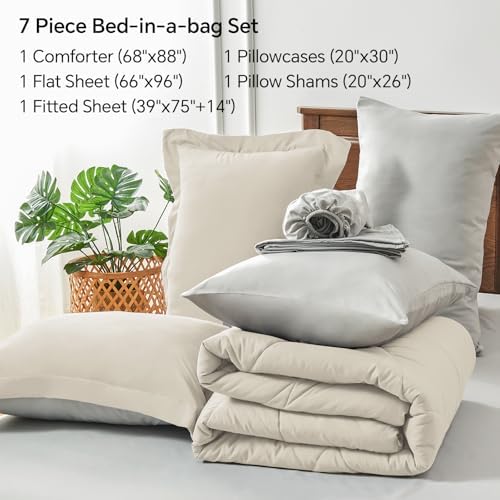 BEDELITE Twin Comforter Set 5 Pieces, Reversible Beige Bed in A Bag