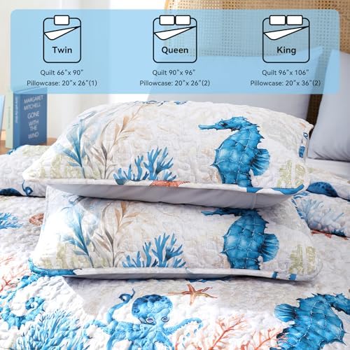 weigelia Coastal Quilt King Size, Seahorse Lightweight Summer Bedding