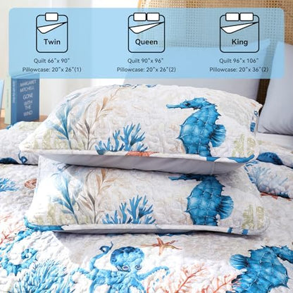 weigelia Coastal Quilt Queen Size, Seahorse Lightweight Summer Bedding